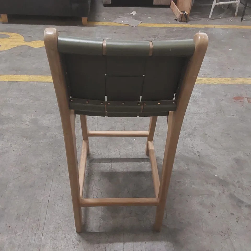 LISBON BAR STOOL - GREEN LEATHER SEAT - TEAK FRAME - 66CM