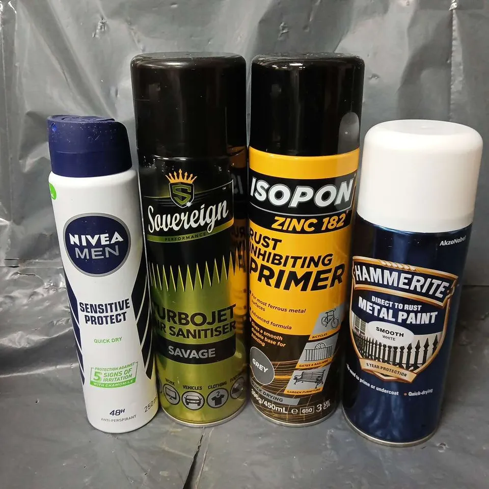 APPROXIMATELY 12 ASSORTED AEROSOLS TO INCLUDE HAMMERTIME METAL PAINT IN SMOOTH WHITE (400ml), NIVEA MEN ANTI-PERSPIRANT, ISOPON RUST INHIBITING PRIMER (450ml), ETC - COLLECTION ONLY