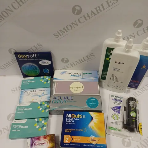 BOX OF APPROXIMATELY 30 ASSORTED HEALTH & EYECARE PRODUCTS TO INCLUDE NIQUITIN PATCHES, CONTACT LENSES, CONTACT SOLUTION ETC
