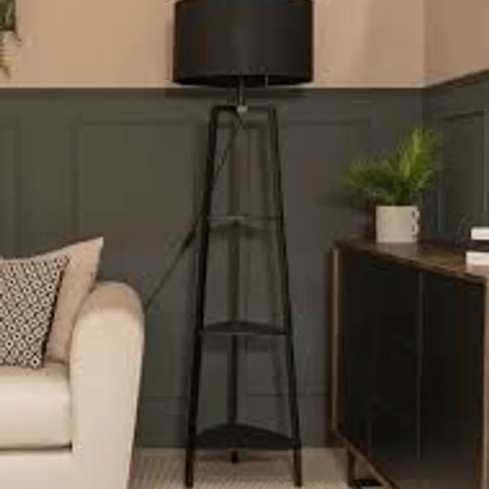 BOXED HIRU MATT BLACK 3 TIER SHELF FLOOR LAMP WITH LARGE BLACK SHADE (2 BOXES)