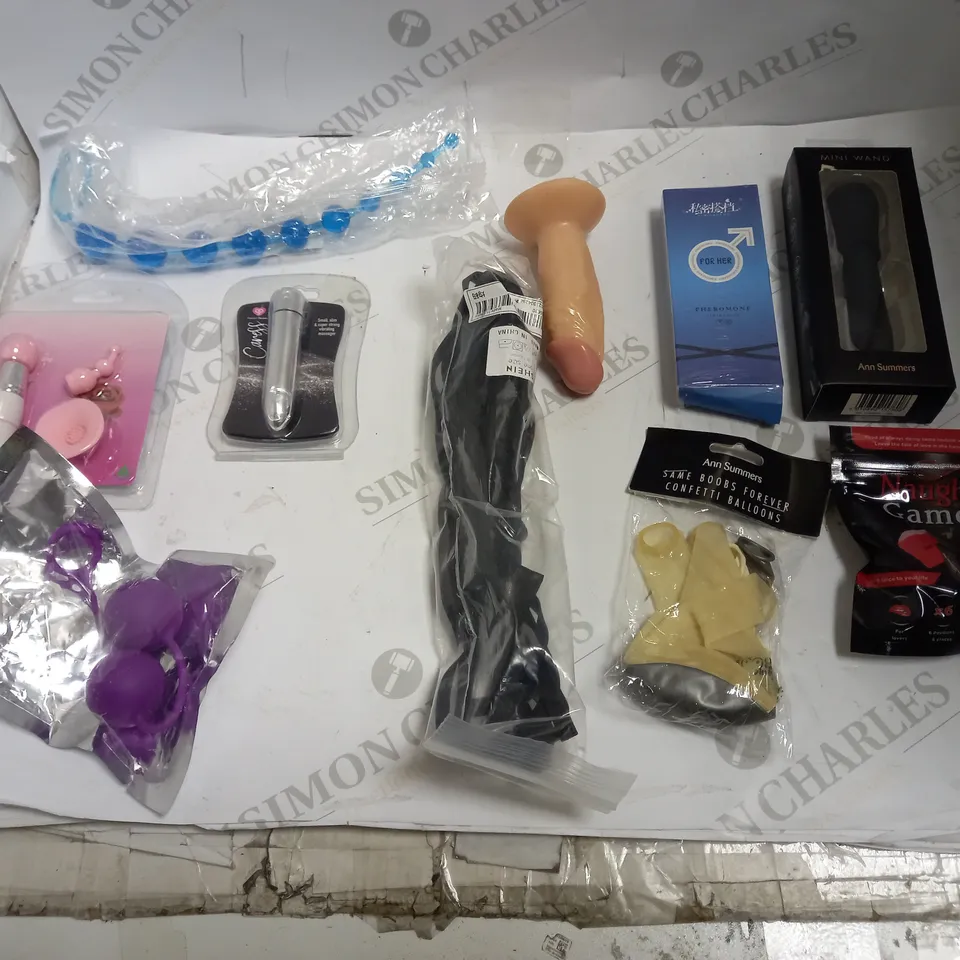 LOT OF 10 ASSORTED ADULT ITEMS TO INCLUDE ANAL BEADS, DILDO, RIDING CROP ETC