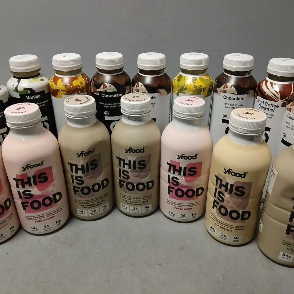 APPROXIMATELY 16 ASSORTED FOOD REPLACEMENT DRINKS TO INCLUDE HUEL CHOCOLATE (500ml), YFOOD THIS IS FOOD COLD BREW COFFEE (500ml), HUEL BANANA (500ml), ETC - COLLECTION ONLY