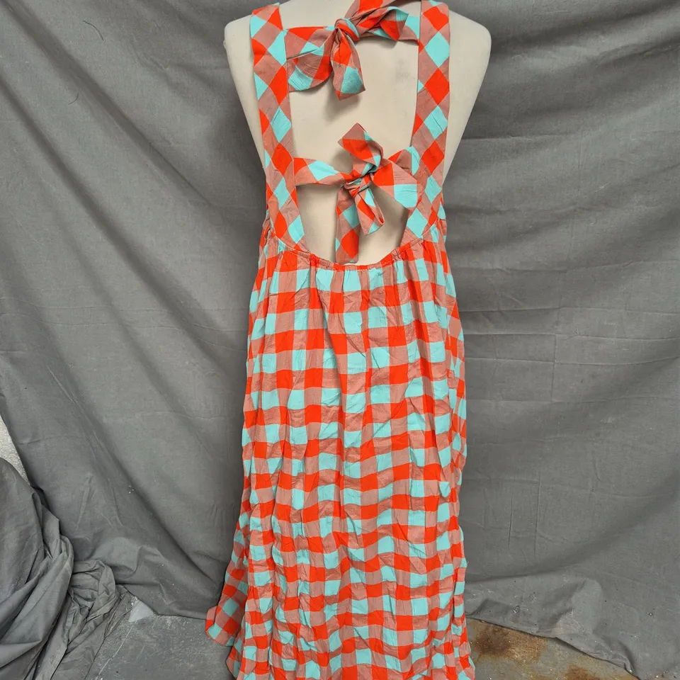 ANTHROPOLOGIE MAXI DRESS WITH BACK TIES - ORANGE AND GREEN CHECK PRINT - SIZE XL