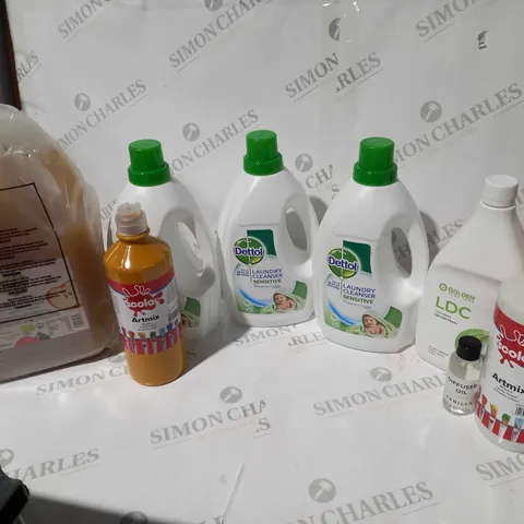 APPROXIMATELY 8 ASSORTED HOUSEHOLD ITEMS TO INCLUDE THE PINK STUFF, SCOLA ARTMIX RED PAINT, DETTOL LAUNDRY CLEANSER, ETC