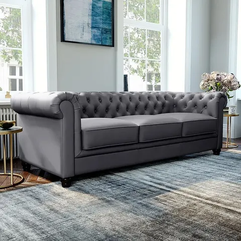 BOXED DESIGNER HAMPTON FAUX LEATHER GREY 3 SEATER CHESTERFIELD SOFA