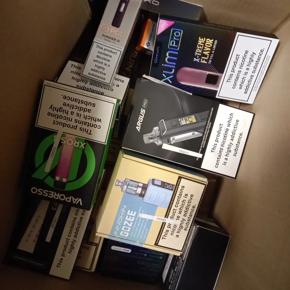 BOX OF APPROXIMATELY 10 ASSORTED E-CIGARATTES TO INCLUDE UWELL, INNOKIN, OXVA ETC