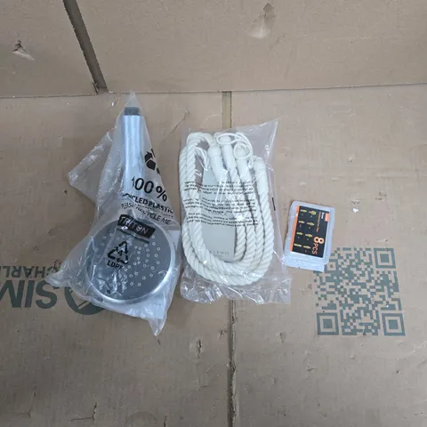 APPROXIMATELY 15 ASSORTED HOUSEHOLD PRODUCTS TO INCLUDE SHOWER HEAD, CURTAIN TIEBACK ROPE, SOLDERING TIPS ETC 