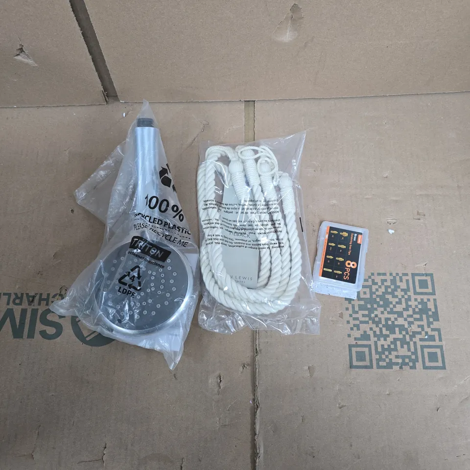 APPROXIMATELY 15 ASSORTED HOUSEHOLD PRODUCTS TO INCLUDE SHOWER HEAD, CURTAIN TIEBACK ROPE, SOLDERING TIPS ETC 