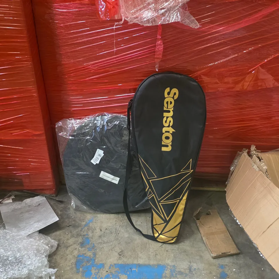 PALLET OF ASSORTED HOUSEHOLD GOODS AND PRODUCTS TO INCLUDE;TENNIS RACKET,POPUP TENT