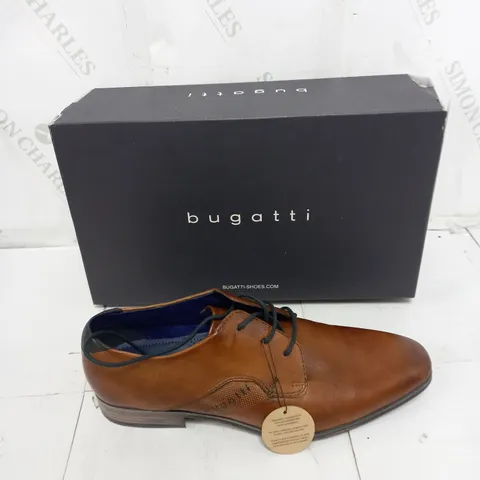 BOXED PAIR OF BUGATTI COGNAC UK 8 BROWN SUIT SHOES