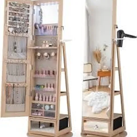 BOXED COSTWAY 161CM (H) JEWELRY ARMOIRE WITH 360° SWIVEL FULL LENGTH MIRROR & LED LIGHTS - NATURAL