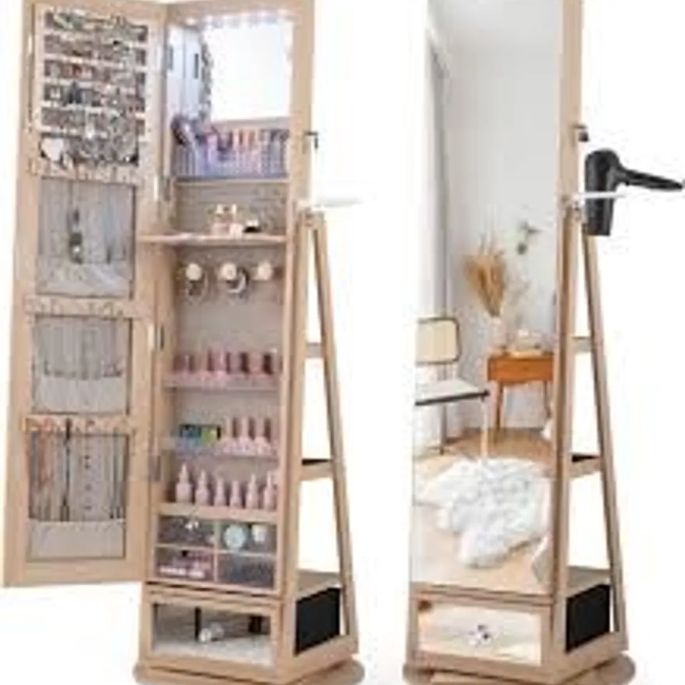 BOXED COSTWAY 161CM (H) JEWELRY ARMOIRE WITH 360° SWIVEL FULL LENGTH MIRROR & LED LIGHTS - NATURAL