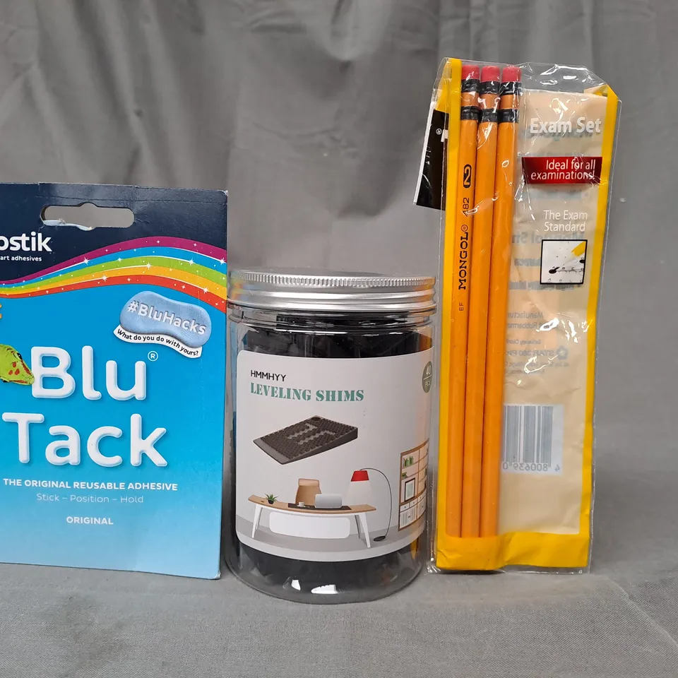 APPROXIMATELY 10 ASSORTED HOUSEHOLD ITEMS TO INCLUDE PENCILS, BLU TACK, LEVELLING SHIMS, ETC