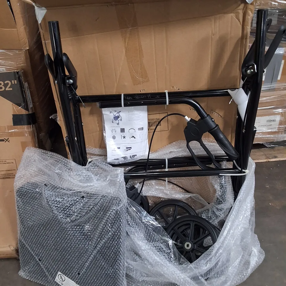 PALLET OF ASSORTED ITEMS TO INCLUDE 32" COMPUTER DESK, WHEELED SHOPPING CART AND FLAT PACK FURNITURE 