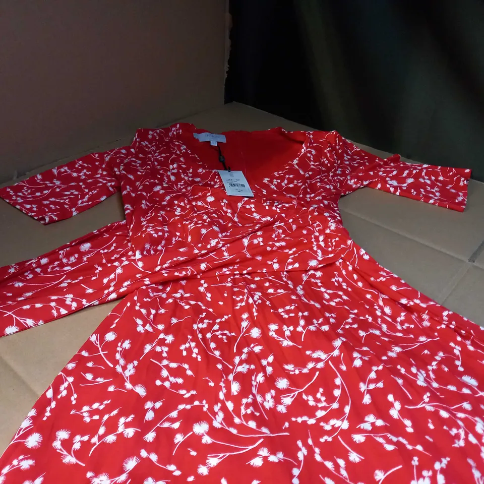 HOBBS RED/IVORY FLORAL PRINT MIDI DRESS - SIZE 10