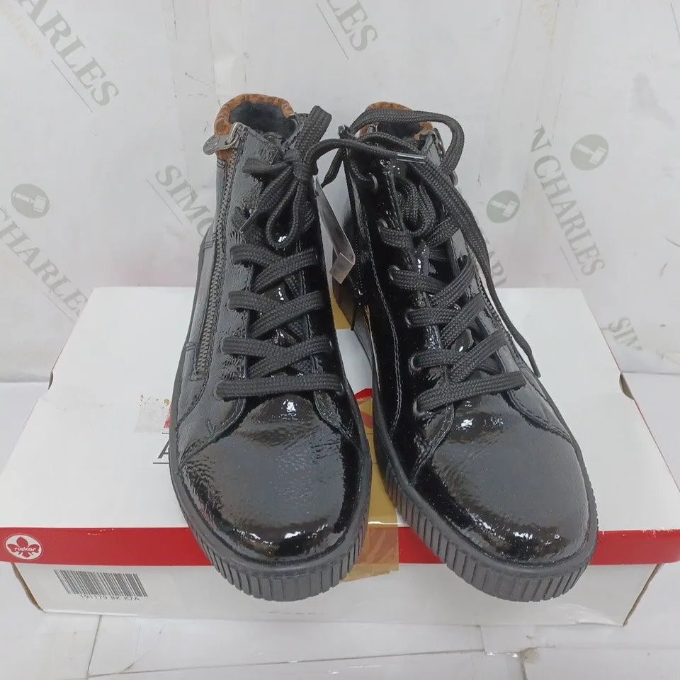 BOXED PAIR OF RIEKER HIGH TOP CUFFED TRAINERS IN BLACK - SIZE 7.5