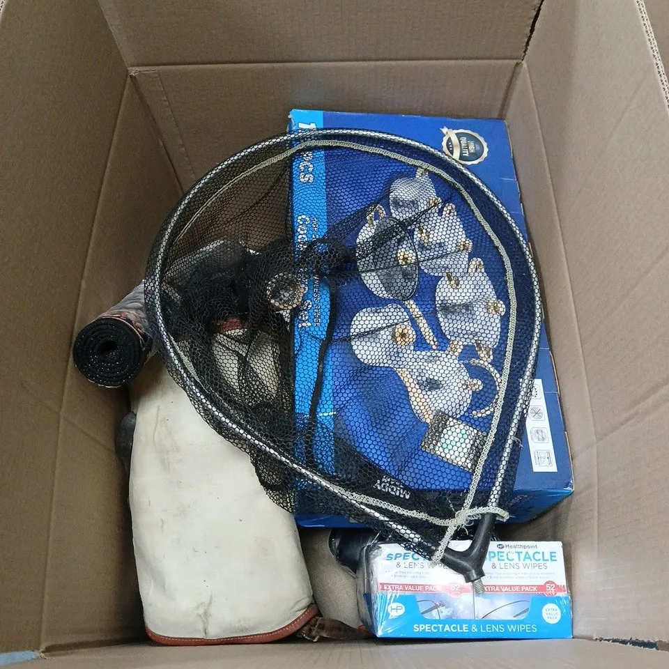 BOX OF APPROXIMATELY 12 ASSORTED ITEMS TO INCLUDE FISHING NET, MAT, WRAPPING PAPER, LENS WIPES ETC