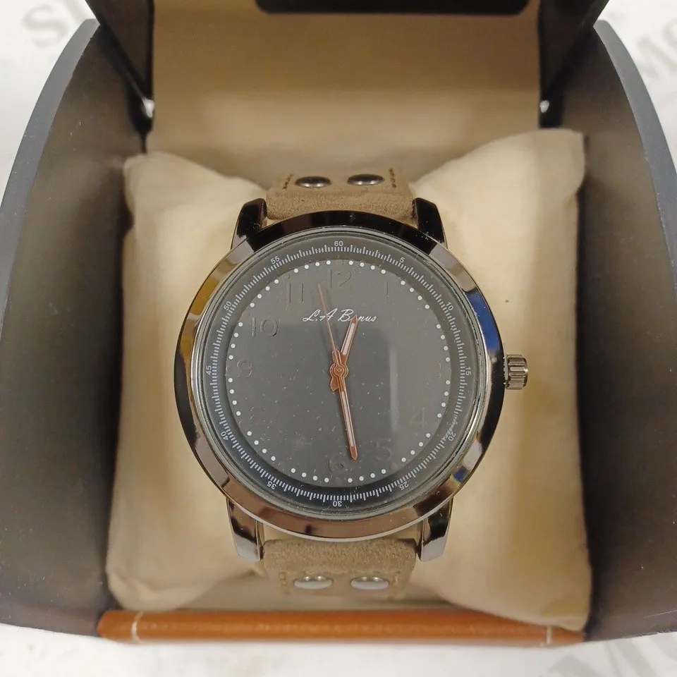 LA BANUS BLACK FACE CHROME BEZEL BROWN SUEDE STRAP WRISTWATCH 