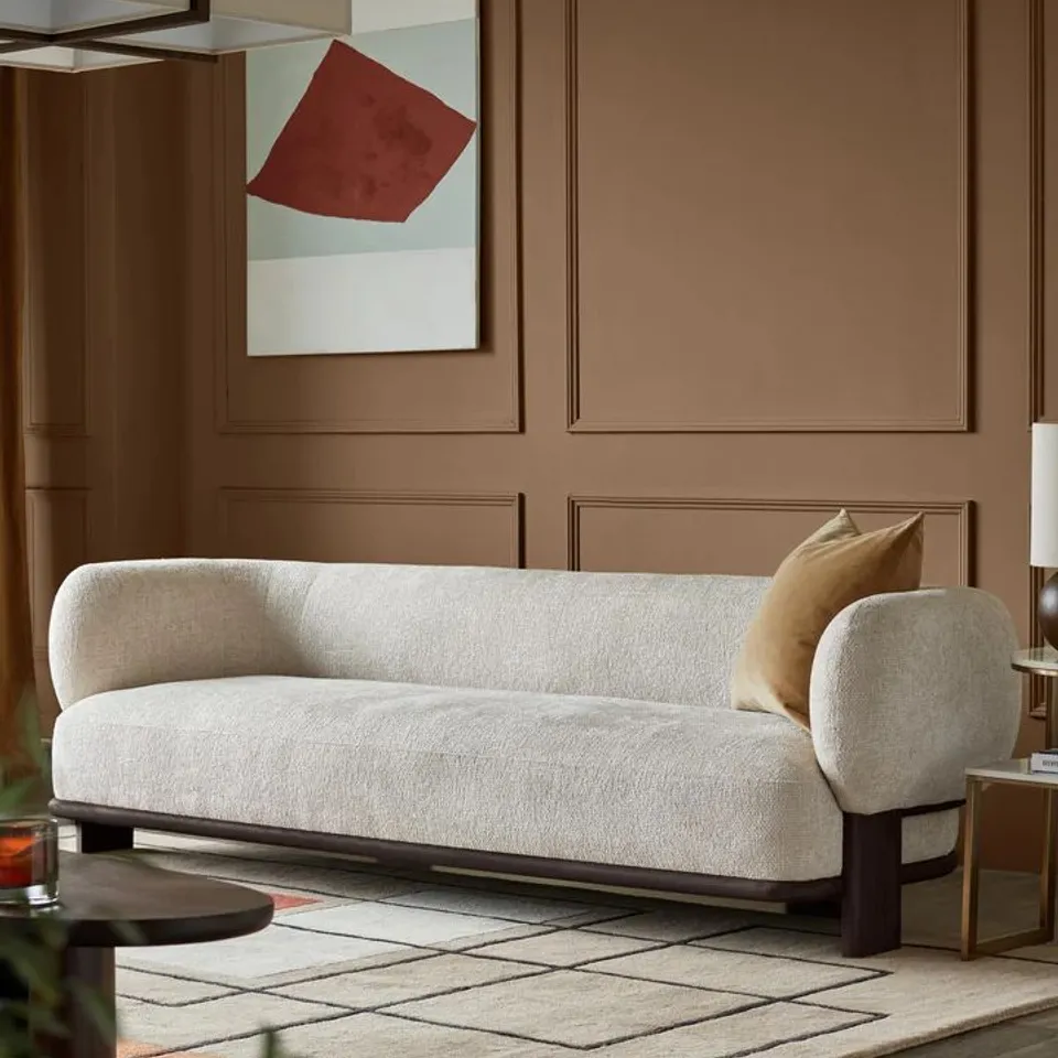 BOXED FLORENCE DARK WOOD 3 SEATER SOFA - NATURAL CHUNKY WEAVE