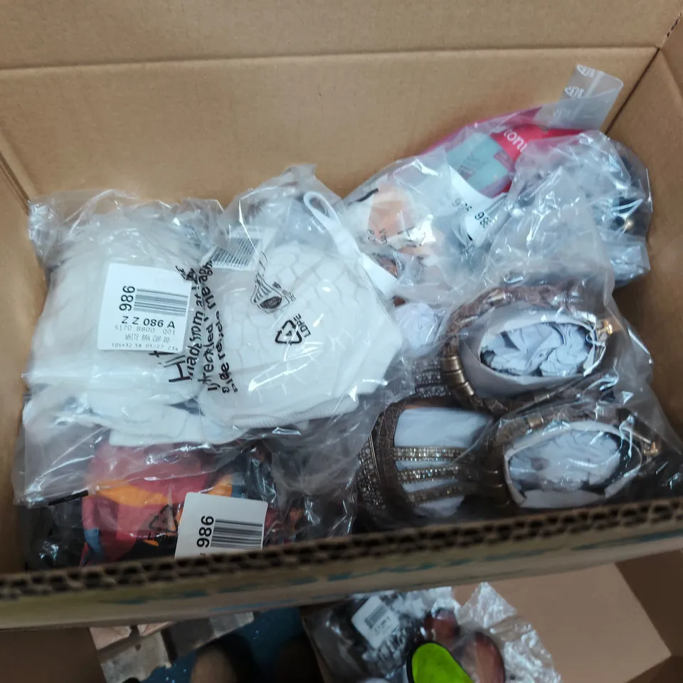 BOX OF APPROXIMATELY 15 ASSORTED CLOTHING AND FOOTWEAR ITEMS TO INCLUDE SWIMWEAR, SANDALS AND BRAS - VARIOUS COLOURS, SIZES AND STYLES