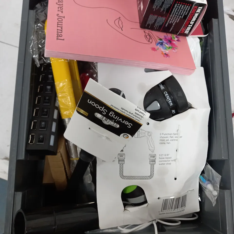 BOX OF APPROXIMATELY 10 ASSORTED ITEMS TO INCLUDE - PRAYER JOURNAL, ROCK TAPE, CHARGER PORT ETC