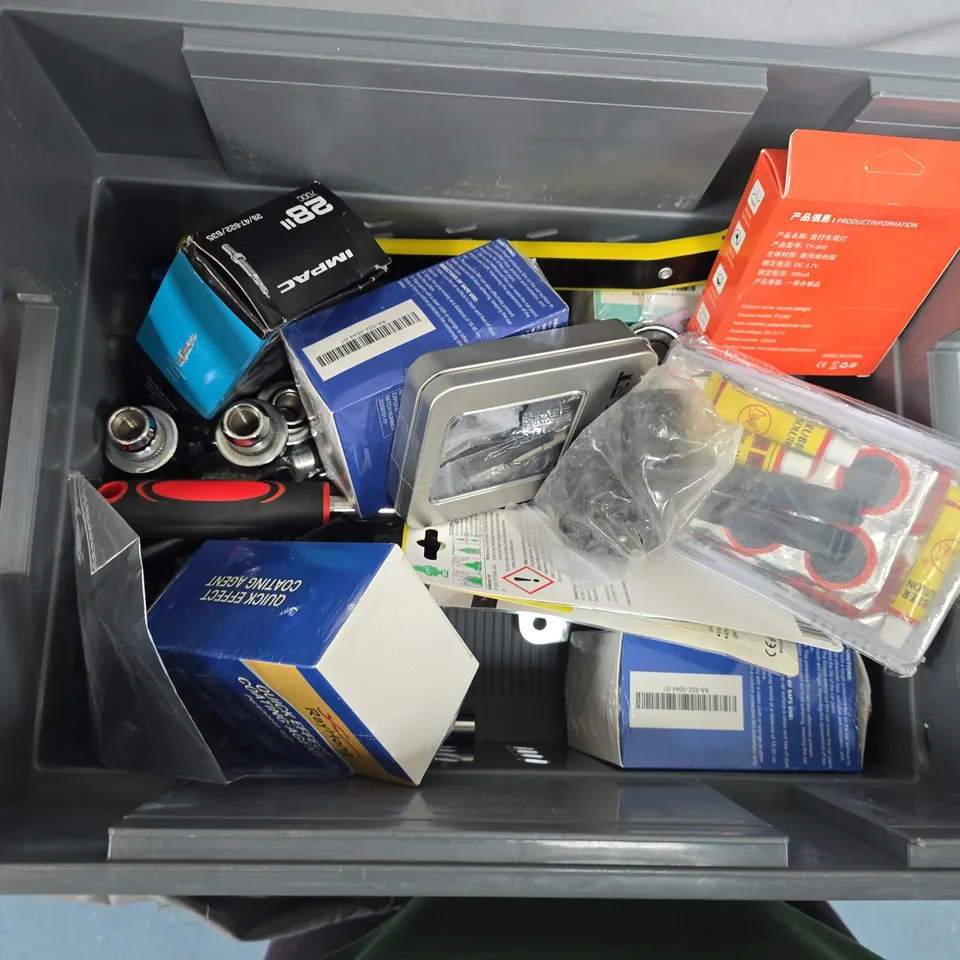 BOX OF ASSORTED ITEMS TO INCLUDE - BIKE PEDDLES - TYRE REPAIR KIT - TOOLS