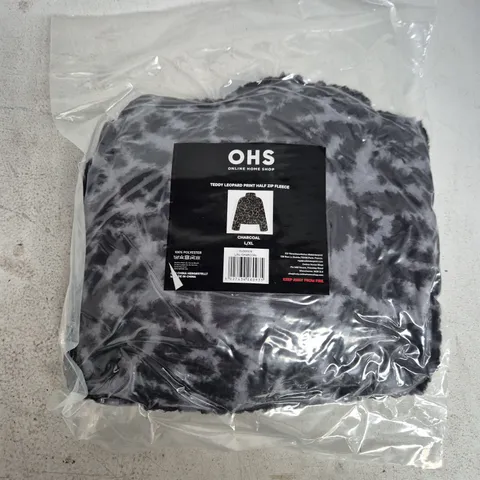 BAGGED OHS TEDDY LEOPARD PRINT HALF ZIP FLEECE – CHARCOAL, UK SIZE L/XL