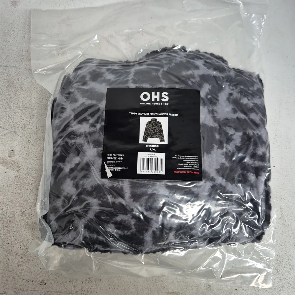 BAGGED OHS TEDDY LEOPARD PRINT HALF ZIP FLEECE – CHARCOAL, UK SIZE L/XL