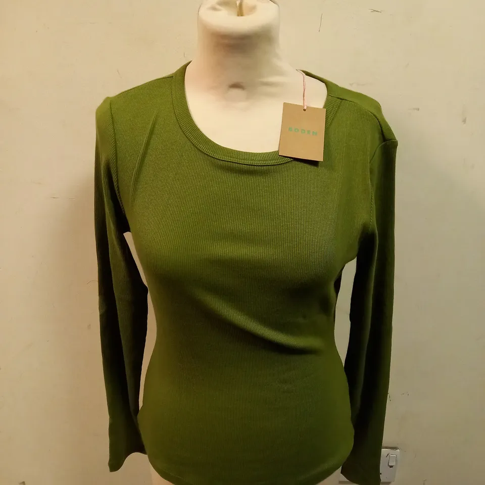 BODEN GREEN RIBBED COTTON LONG SLEEVED TOP - SIZE M