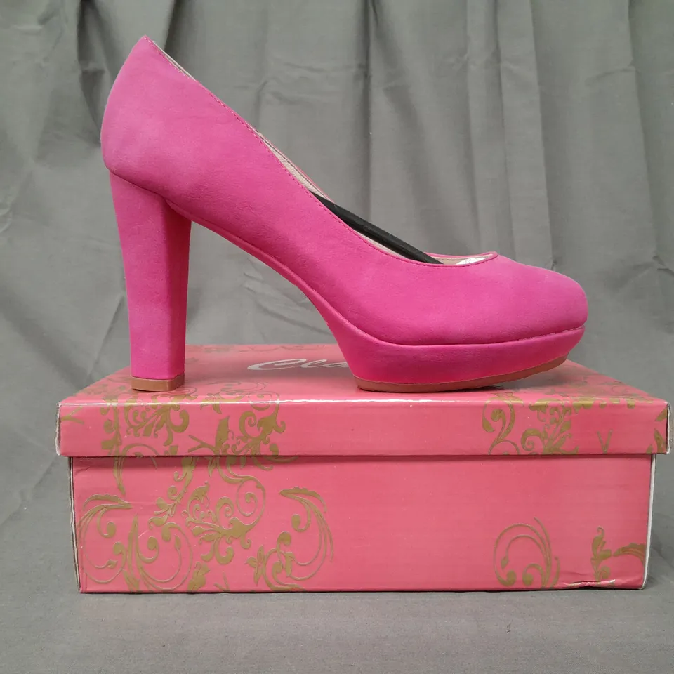 BOXED PAIR OF CLARA'S CLOSED TOE HIGH HEEL SHOES IN FUCHSIA 38