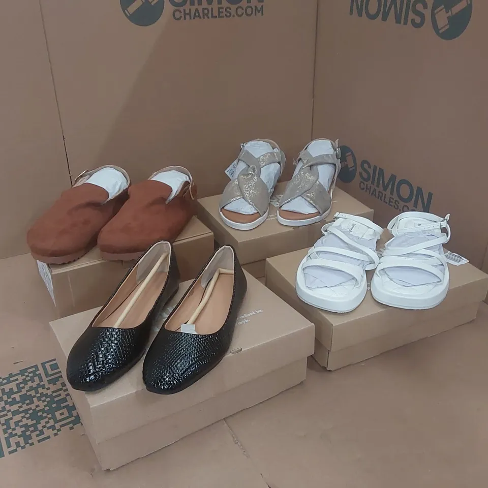PALLET CONTAINING APPROXIMATELY 80x BRAND NEW DESIGNER SHOES INCLUDING: SIMPLY BE BROWN FLUFFY MULES WITH BACK STRAP, JD WILLIAMS SANDALS, JD WILLIAMS SHOES, SIMPLY BE SANDALS ECT