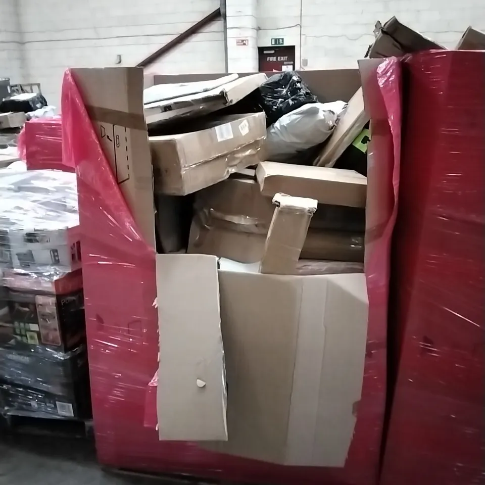 PALLET OF ASSORTED HOUSEHOLD GOODS AND PRODUCTS TO INCLUDE; BABY SWING, BABY CRIB, TOYS, BOXED FURNITURE ETC 
