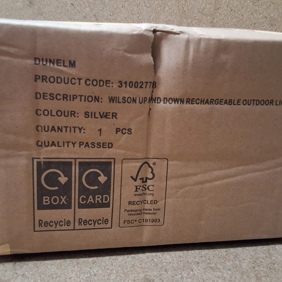BOXED DUNELM WILSON OUTDOOR WALL LIGHT – UP AND DOWN RECHARGEABLE, SILVER