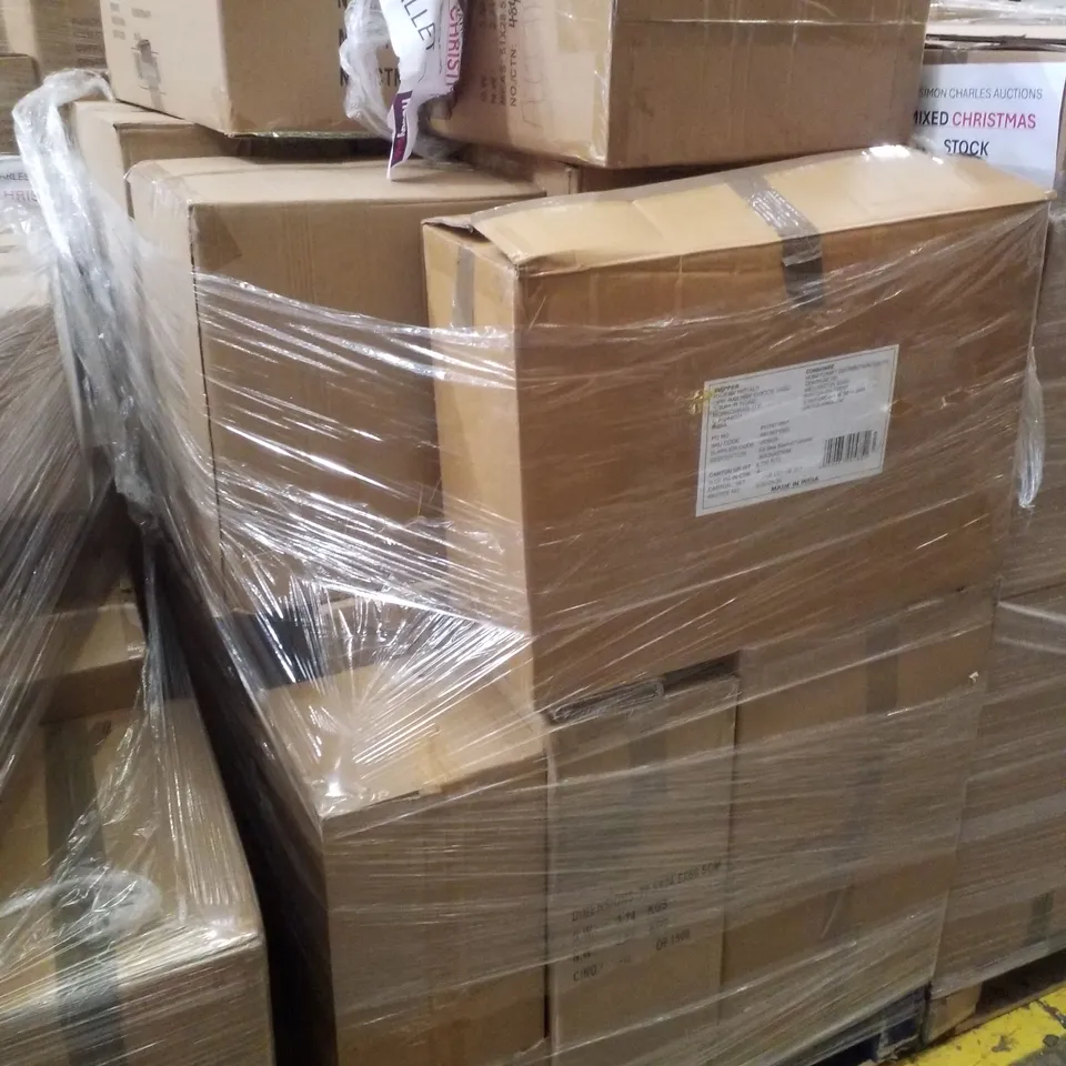 PALLET CONTAINING ASSORTED CHRISTMAS PRODUCTS & DECORATIONS INCLUDING CERAMIC HOUSE, CAKE TOPPERS, WOODEN LIGHT UP VILLAGES & FELT CHRISTMAS TREES