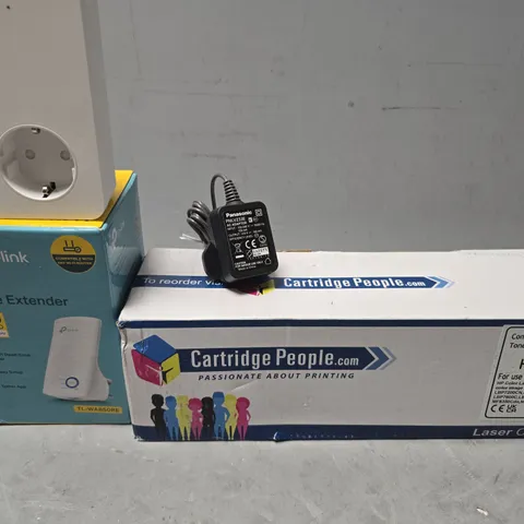 BOX OF APPROXIMATELY 12 ASSORTED ITEMS TO INCLUDE - TP-LINK WIFI RANGE EXTENDER , CARTRIDGE PEOPLE TONER CARTRIDGE , PANASONIC AC ADAPTOR ETC