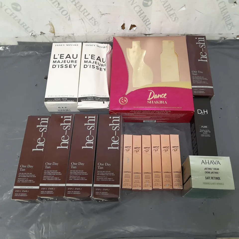APPROXIMATELY 10 ASSORTED COSMETICS TO INCLUDE ISSEY MIYAKE L'EAU MAJEURE D'ISSEY, HE-SHI ONE DAY TAN, AND AHAVA RETINOL CREAM ETC. 