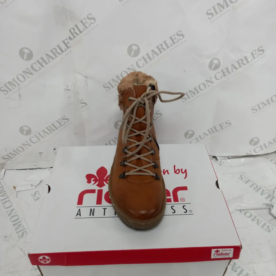 BOXED PAIR OF RIEKER LACE UP ANKLE BOOTS - TAN - UK SIZE 5