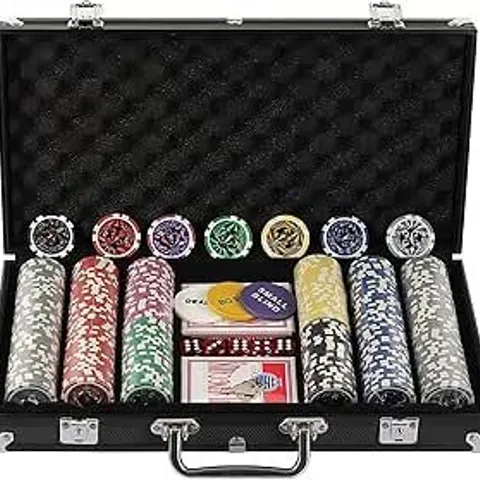 BOXED DISPLAY4TOP TEXAS HOLDEM POKER CHIPS SET WITH ALUMINUM CASE,2 DECKS OF CARDS, DEALER, SMALL BLIND, BIG BLIND BUTTONS AND 5 DICE (300PCS)