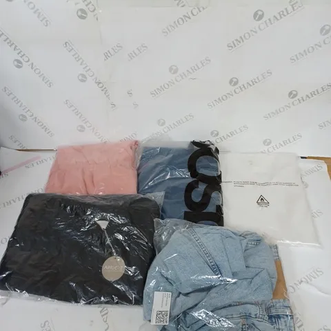 LARGE BOX OF ASSORTED CLOTHING ITEMS IN VARIOUS COLOURS AND SIZES INCLUDING TROUSERS , TOPS AND JUMPERS