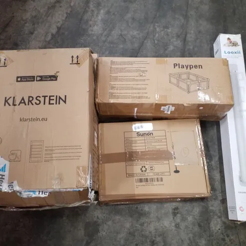 PALLET OF ASSORTED PRODUCTS INCLUDING PLAYPEN, RETRACTABLE SAFETY GATE, WOODEN COAT RACK, ELECTRIC FIREPLACE