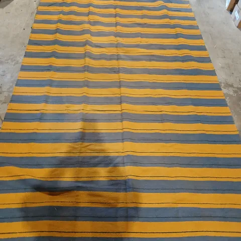 STRIPED BLUE AND MUSTARD RUG – RECTANGULAR WITH FRINGE