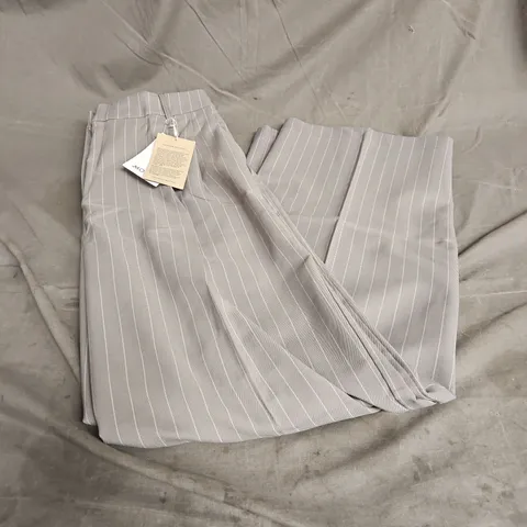 MONKI HIGH WAIST TAILORED TROUSERS IN GREY WITH WHITE PINSTRIPE SIZE 10
