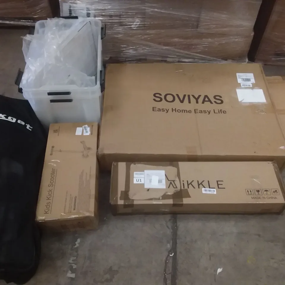 PALLET OF ASSORTED ITEMS INCLUDING SOVIYAS, MAX PAD LD WOODEN TURNTABLE CONVERTER, KIDS SCOOTER, INVISION LOW PROFILE DOUBLE ARM MOUNT, QUDRAKAST KIDS KICK SCOOTER