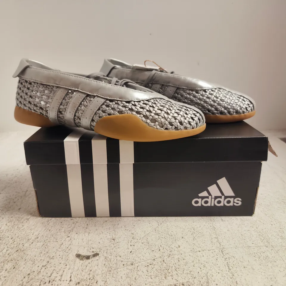 BOXED PAIR OF ADIDAS TAEKWONDO MEI BALLET SHOES IN METALLIC SILVER SIZE UK 6