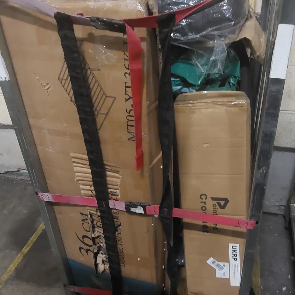 CAGE CONTAINING ASSORTED ITEMS INCLUDING: BED FRAME ECT  // CAGE NOT INCLUDED