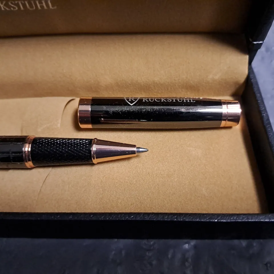 RUCKSTUHL STAINLESS STEEL LUXURY PEN IN GIFT BOX – BLACK & ROSE GOLD COLOUR CASE