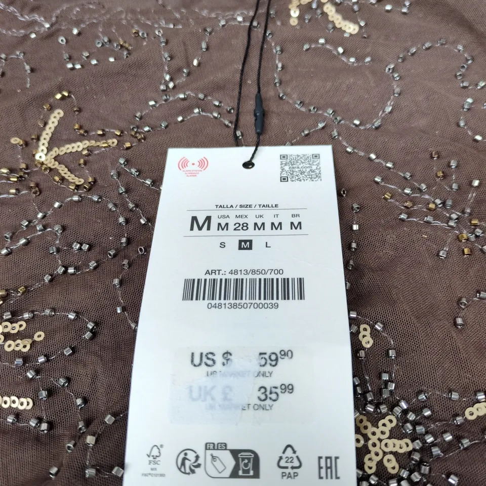 ZARA BROWN SEQUIN-EMBELLISHED TOP, WOMEN'S, SIZE M