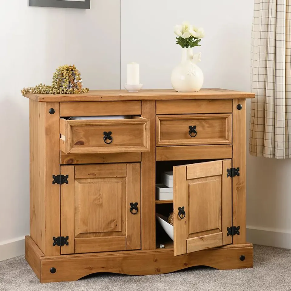 BOXED CORONA 2 DOOR 2 DRAWER SIDEBOARD - DISTRESSED WAXED PINE (1 BOX)