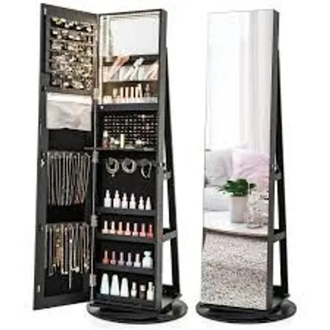 BOXED COSTWAY BLACK ROTATABLE MIRRORED JEWELLERY ARMOIRE WITH LED LIGHTS