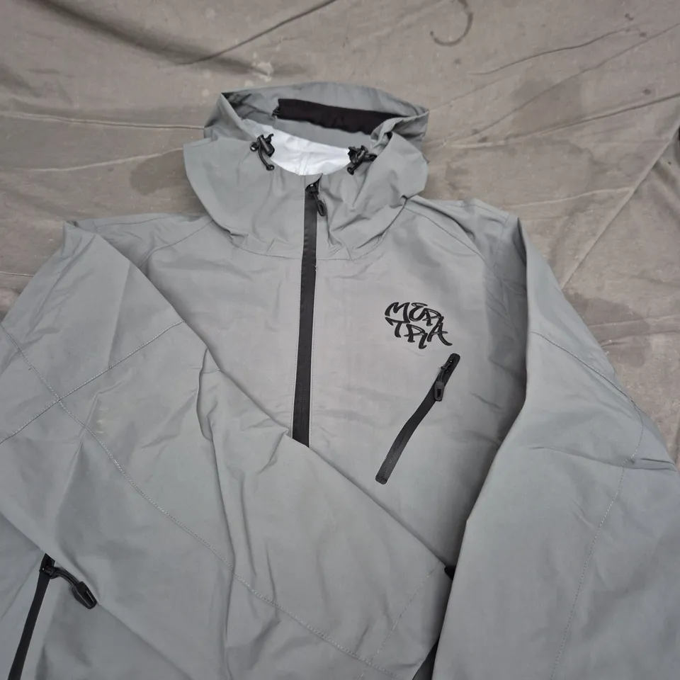 LIGHT GREY HOODED WINDBREAKER JACKET WITH CHEST LOGO